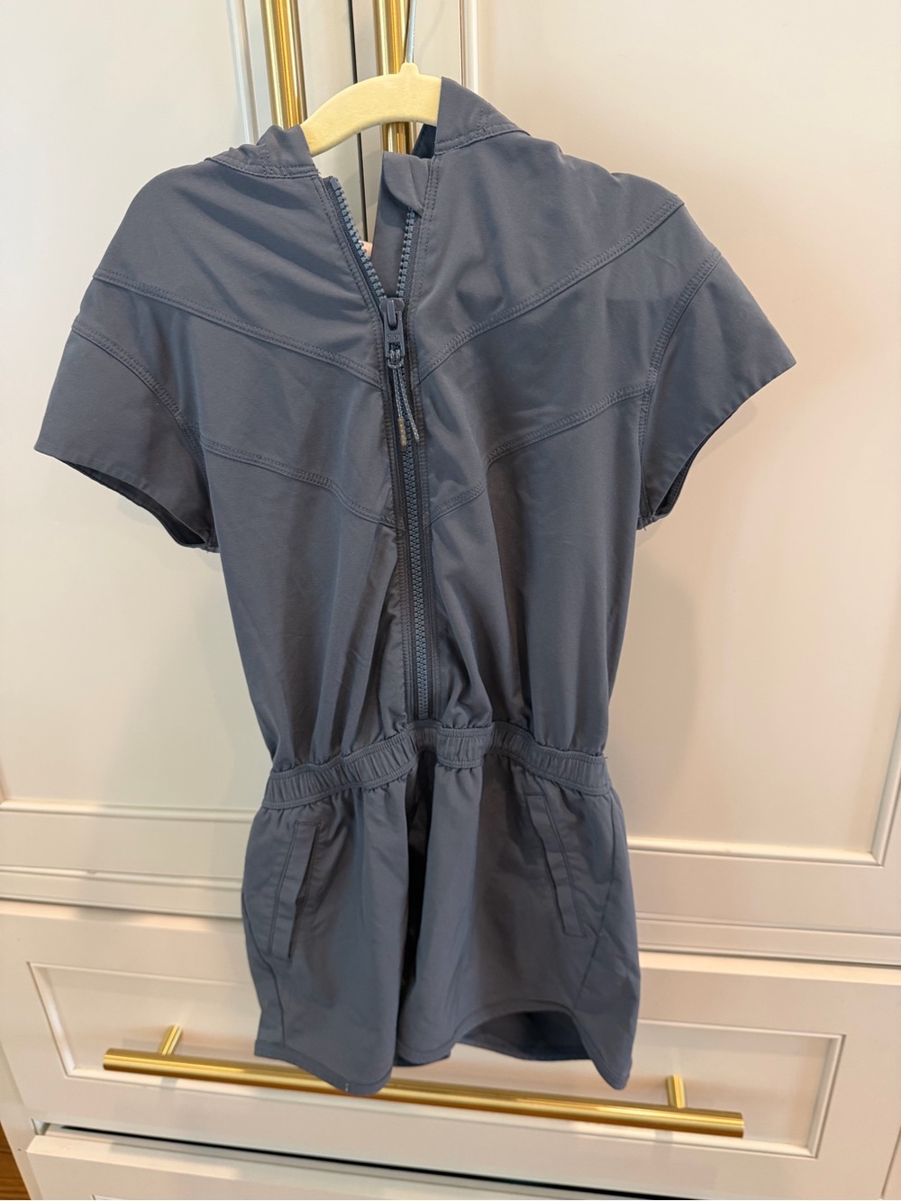 Athleta Girl Zip-Front Romper with Hoodie in Charcoal